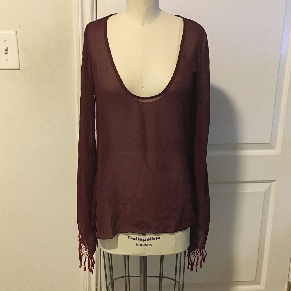 For Love & Lemons Sheer Burgundy Fringe Top S